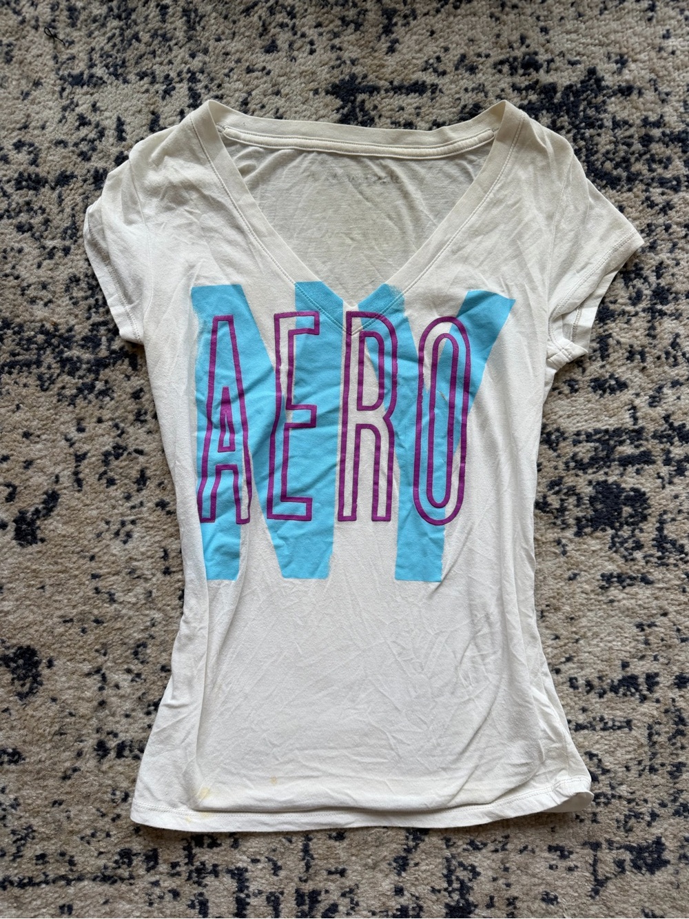 Aeropostale White V-Neck Tee with Blue Block and Purple Outline Logo